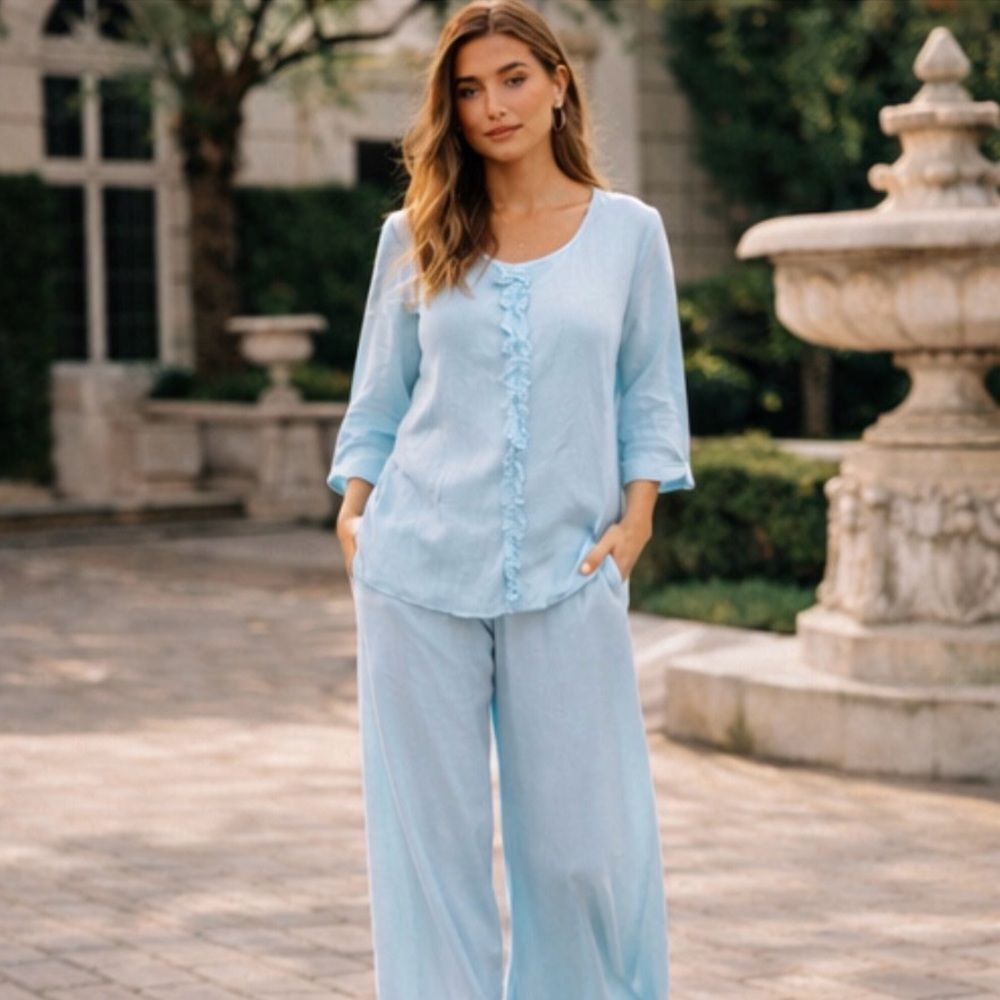 Bryn Walker Linen Set Womens M Top Pants 2 Piece Wide Leg Ruffle Lagenlook